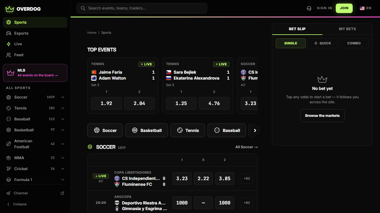The OVERDOG sports terminal showing live Polymarket markets — soccer, tennis, baseball, basketball, American football, MMA, cricket and Formula 1 in the sidebar — loaded from overdog.bet