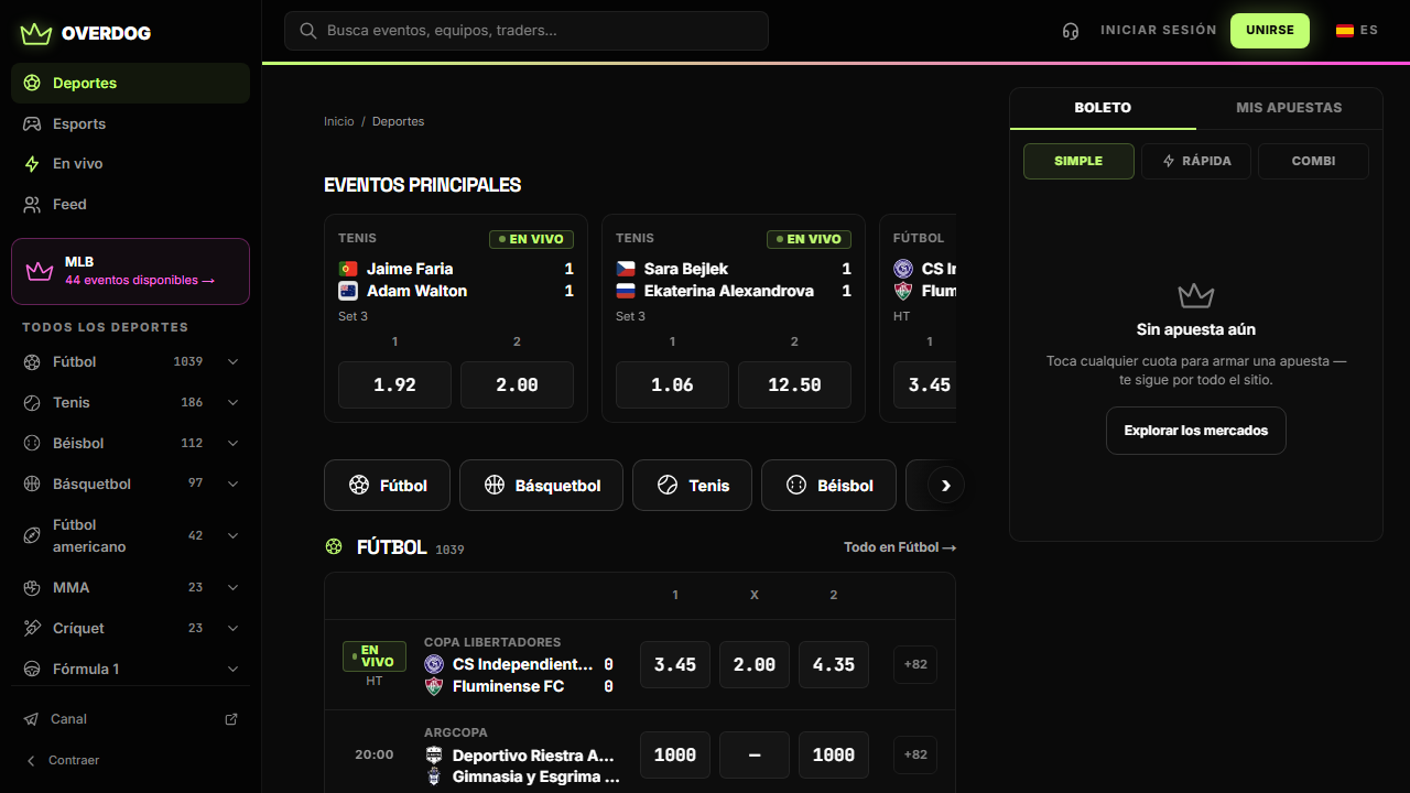 El terminal de deportes de OVERDOG en español, con mercados de Polymarket en vivo — fútbol, tenis, béisbol, básquetbol y fútbol americano en la barra lateral — cargado desde overdog.bet