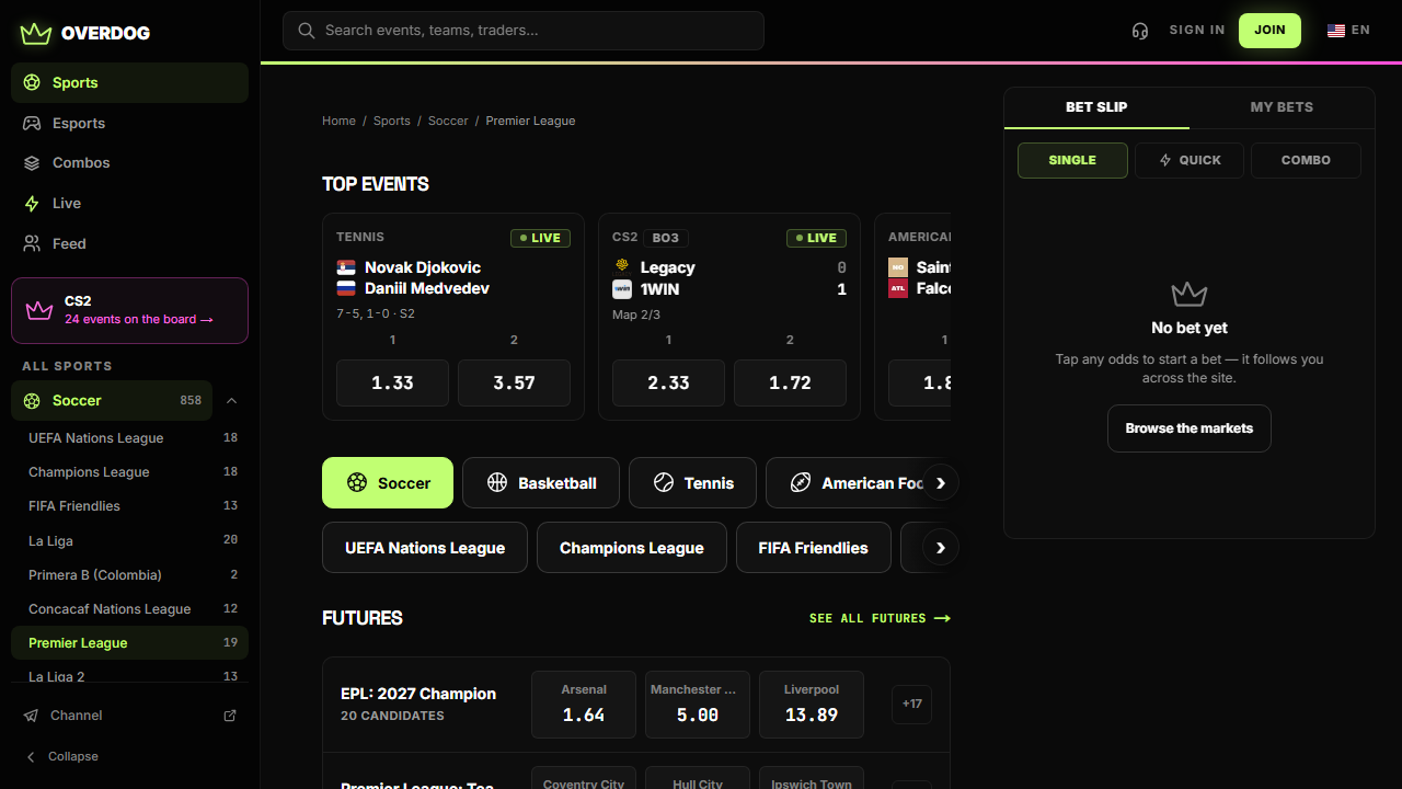 OVERDOG's Premier League page at desktop width: the left rail with Soccer expanded and Premier League highlighted beside UEFA Nations League, Champions League and La Liga, a Top events strip, and a Futures block led by EPL: 2027 Champion with Arsenal, Manchester City and Liverpool, with the bet slip on the right