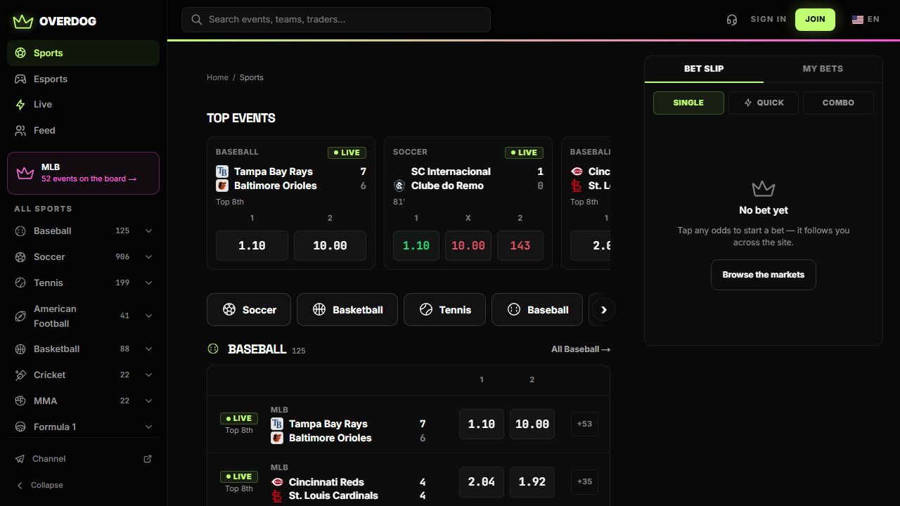 The OVERDOG sports terminal showing live Polymarket markets — baseball, soccer, tennis and cricket in the sidebar — loaded from overdog.bet